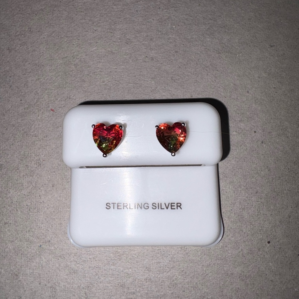Sterling Silver Heart Earrings with Rare Watermelon Tourmaline Stones